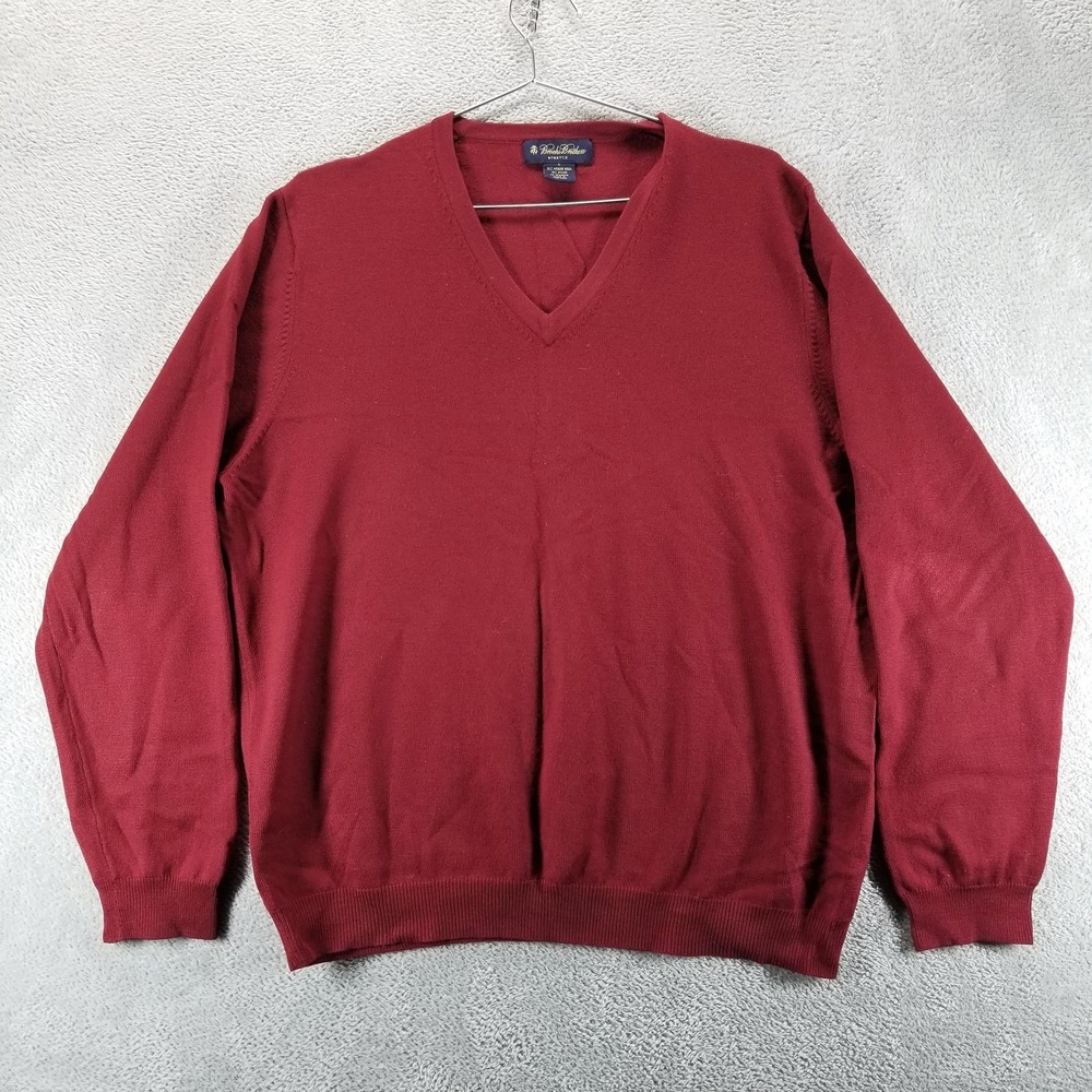 Brooks Brothers Sweater Mens L Red V Neck Merino Wool Stretch Knit Pullover